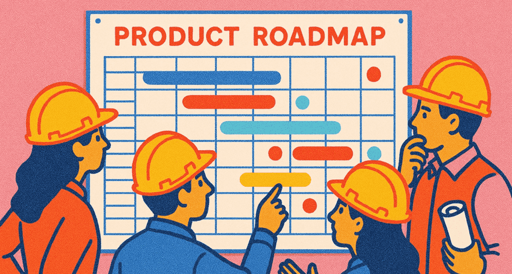 Illustration of workers looking at a product roadmap.