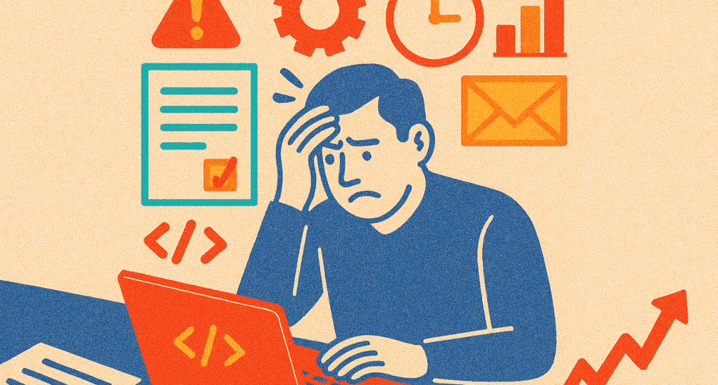 An illustration of a stressed engineer feeling maxed out and burnt out from work. He holds his head in his hand at his laptop, surrounded by icons symbolizing the constant pressure of competing priorities, technical debt, and unrealistic deadlines.
