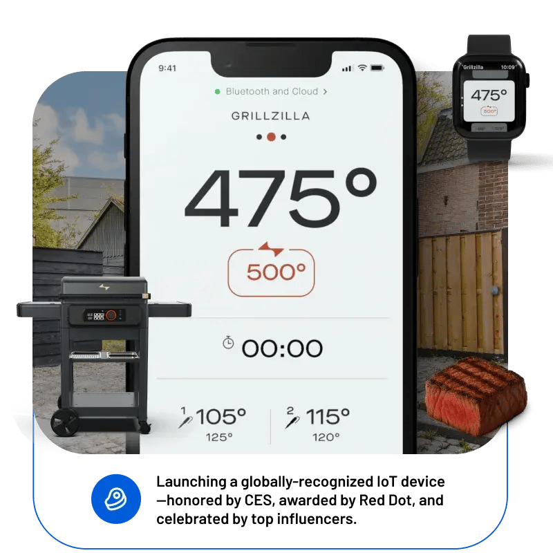 An IoT smart grill app shown on a phone and smartwatch, displaying real-time cooking temperatures with the connected grill in the background.