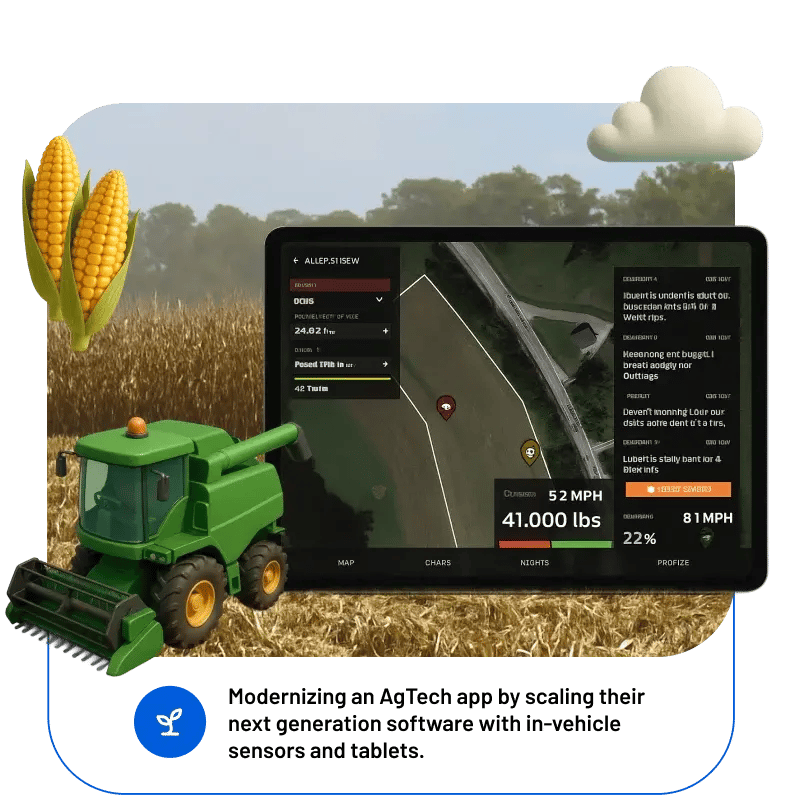 An AgTech application on a tablet displaying farm mapping and sensor data, with a combine harvester and cornfield in the background.