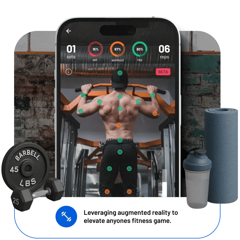 A fitness app using augmented reality to track a user's workout form, showing motion-tracking points on a man's back during a pull-up.
