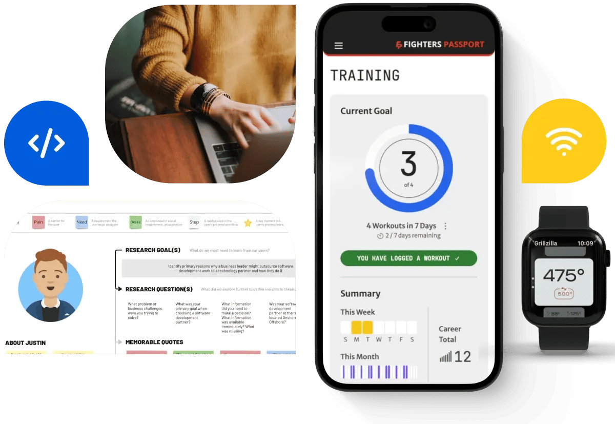 Research document, person working on computer, and a series of apps created by Truefit.