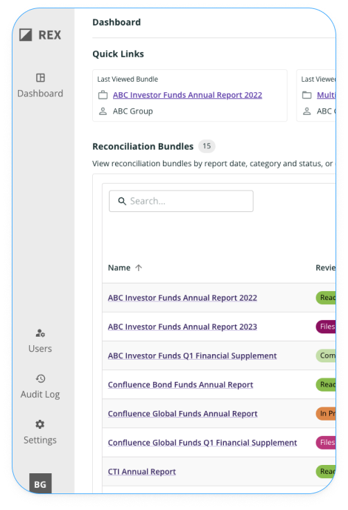 Confluence web app reconciliation bundles screen.