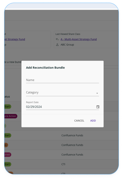 Confluence web app where user can add reconciliation bundles.