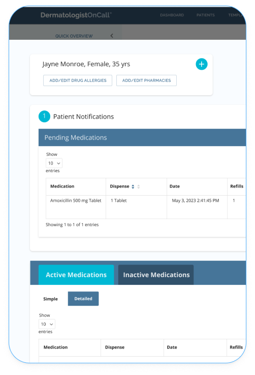 DOC web app patient profile and history.