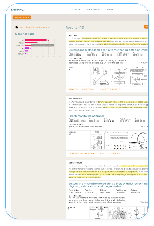 DorothyAI web app patent search results.