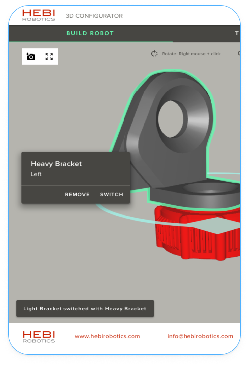 HEBI Robotics web app showcasing the controls of the configuration.