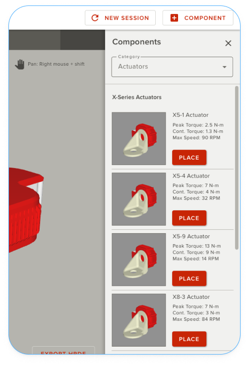 HEBI Robotics web app showcasing a preset list of robot components.