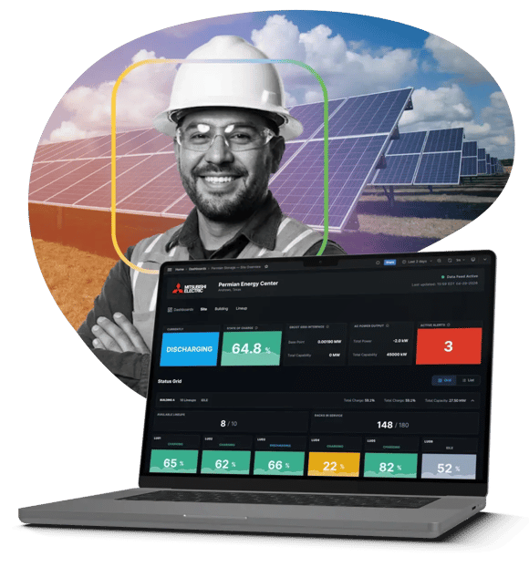 Energy worker near renewable energy solar panels.
