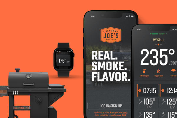 Char-Broil® mobile app, Apple watch app, and smoker.