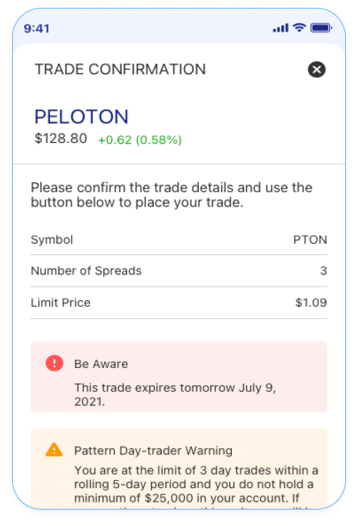 Optionality mobile app trade confirmation UI.