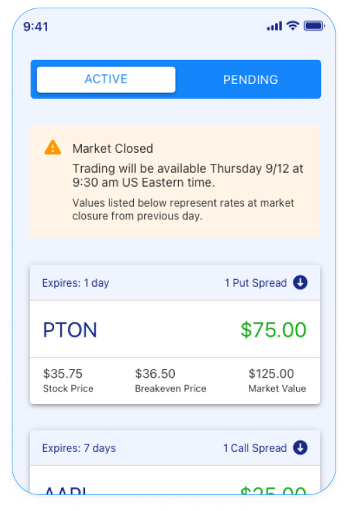 Optionality mobile app active trade screen.