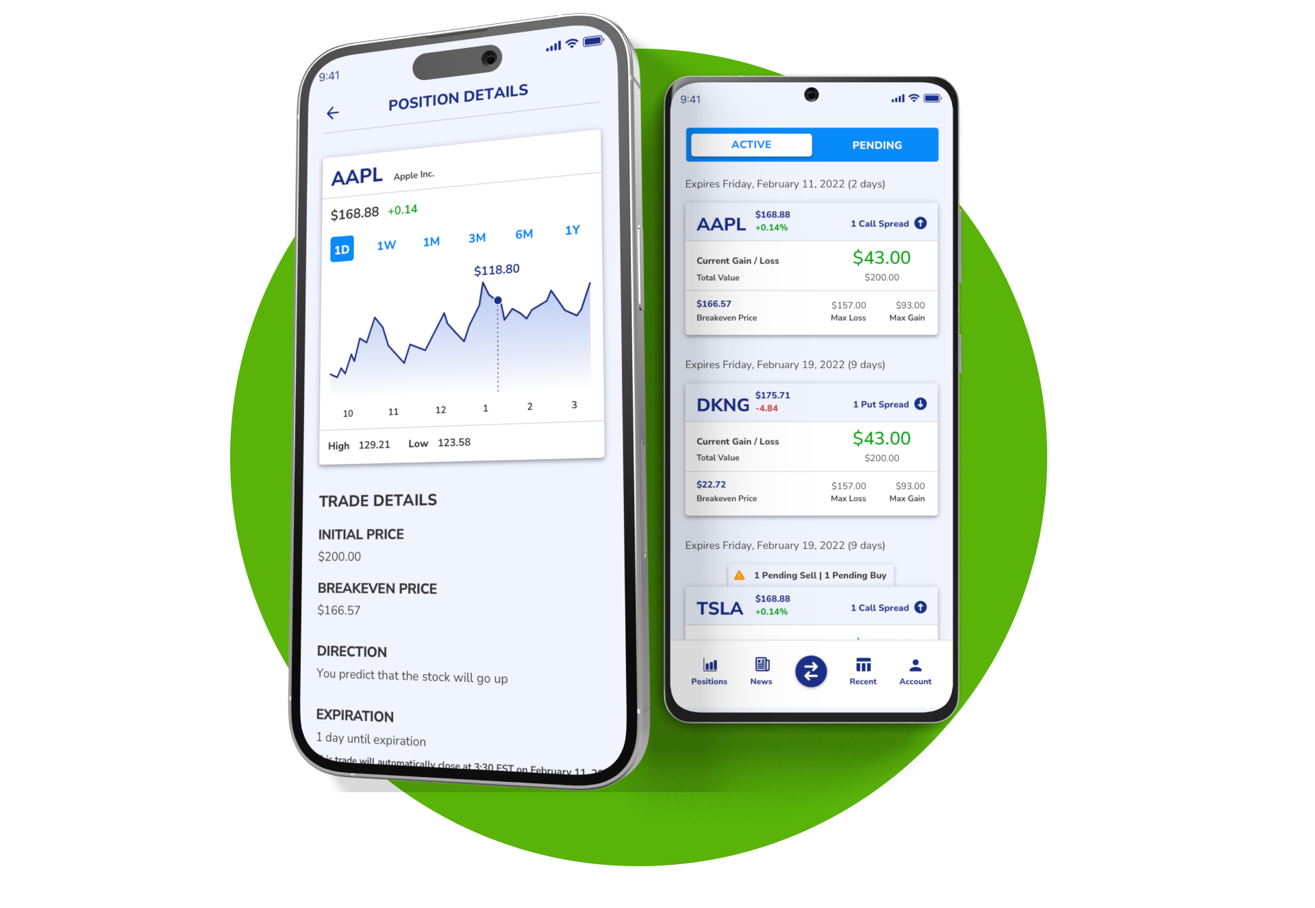 Optionality mobile app showcasing active trades side-by-side