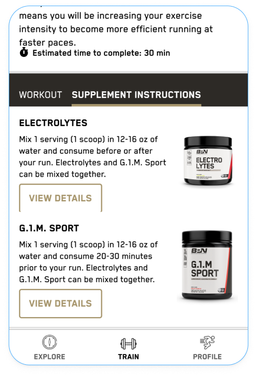 BPN mobile app supplements screen.