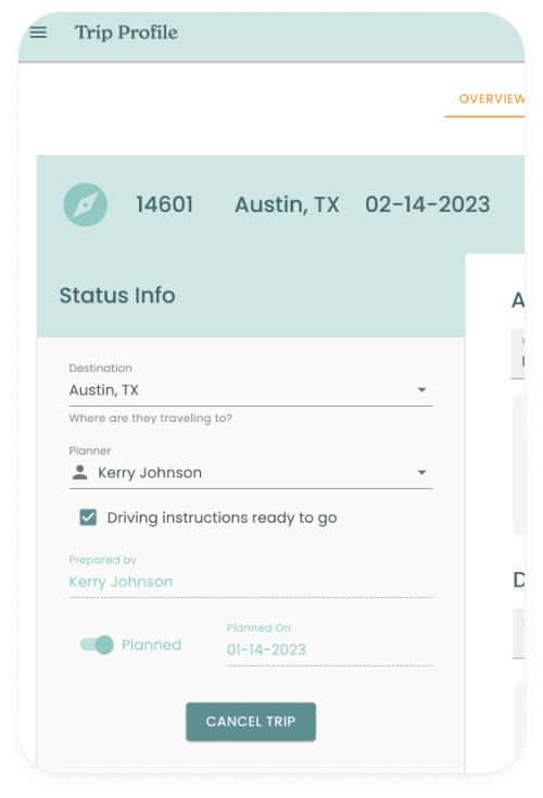 Pack Up + Go UI closeup of the trips status information.