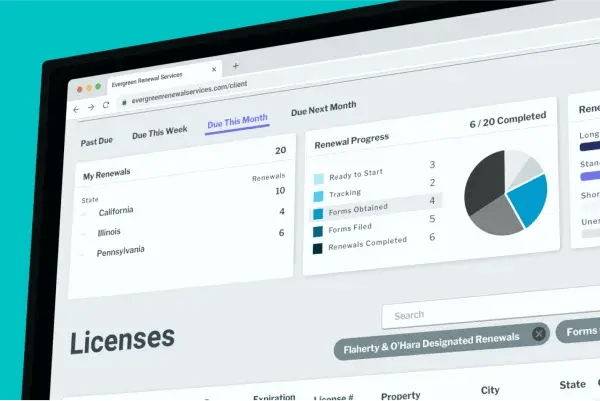 Evergreen web application showing a liquor license renewal dashboard with graphs and other important data.