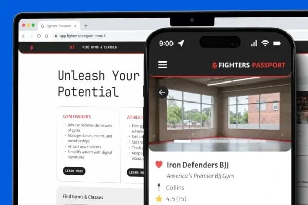 Web and mobile view of the Fighters Passport homepage and search results page.
