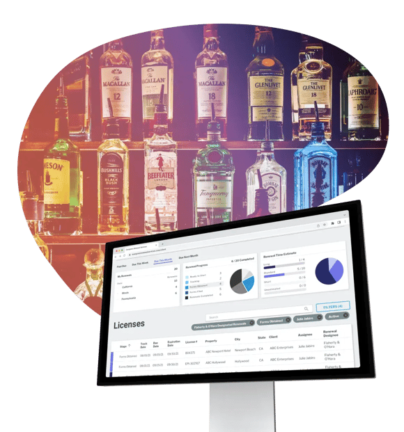 Evergreen's licensing dashboard showing license renewal status, expiration tracking, and state-by-state filters, set against a backdrop of liquor bottles on display