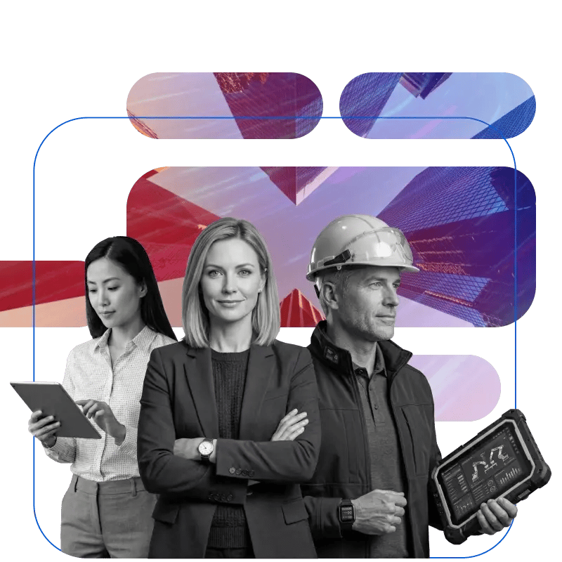 A professional collage of three business leaders. A woman on the left in grayscale uses a tablet. In the center, a blonde woman in a blazer stands with arms crossed. On the right, a man in a hard hat holds a rugged tablet with factory data. Geometric city and industrial panels sit in the background.