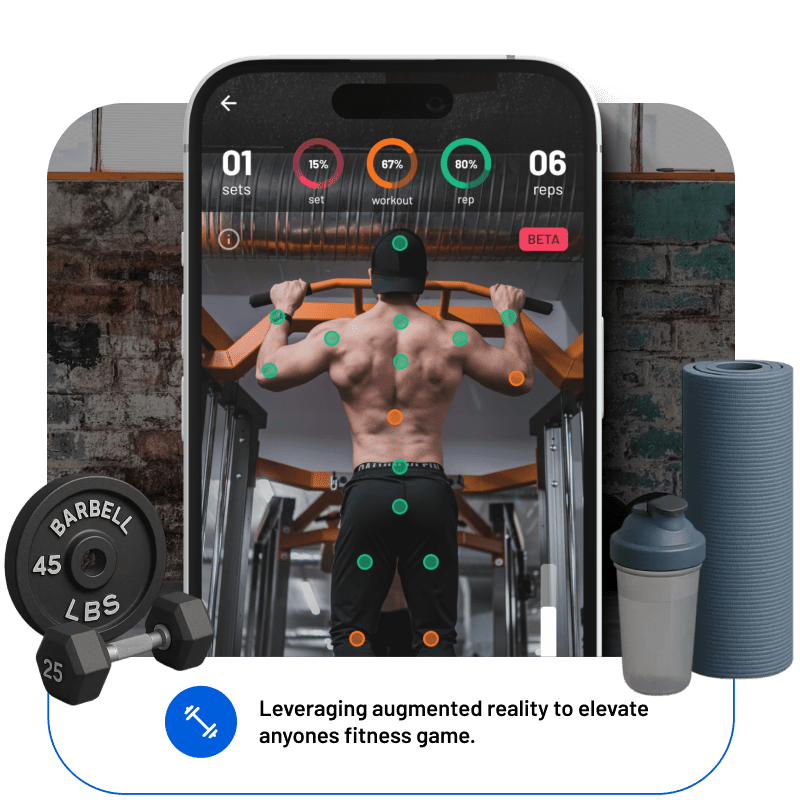 A fitness app using augmented reality to track a user's workout form, showing motion-tracking points on a man's back during a pull-up.
