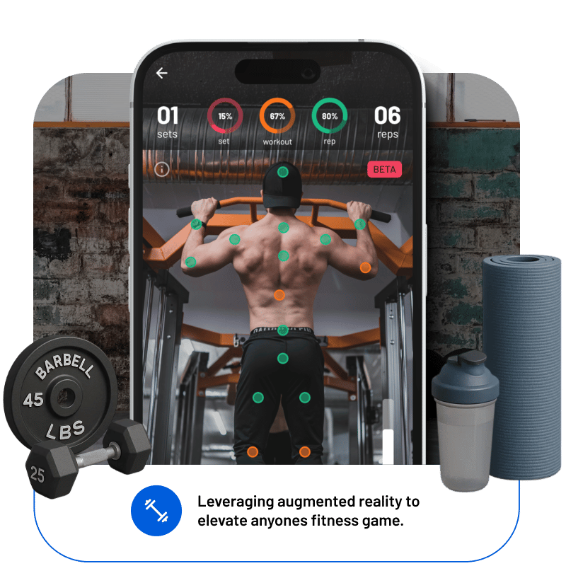 A fitness app using augmented reality to track a user's workout form, showing motion-tracking points on a man's back during a pull-up.