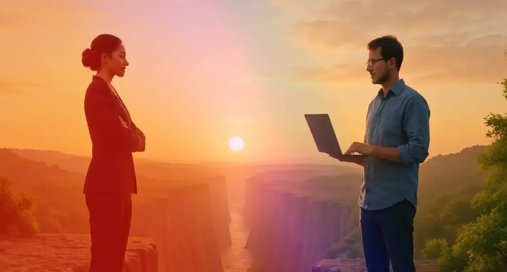 A female business executive in a suit stands across a canyon canyon gap from a male software engineer with a laptop at sunset, symbolizing strategic communication and cross-functional alignment.