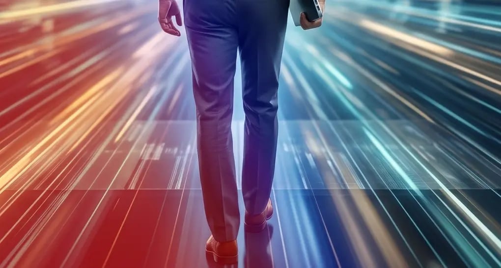 Rear view of a business leader walking down a high-speed, motion-blurred corridor of digital data matrices and light streams.