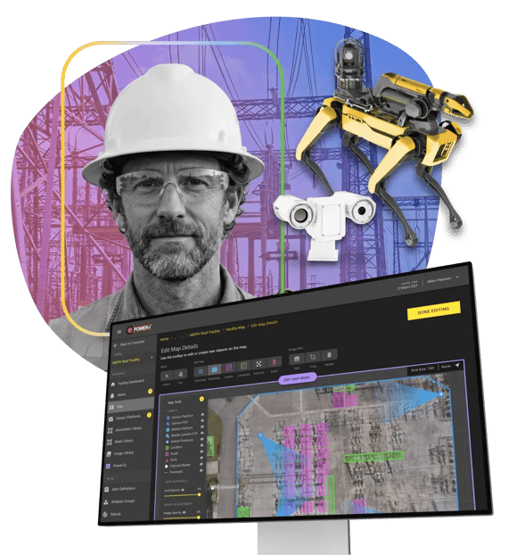 Field worker in hard hat beside a robotic camera sensor, with the Power-I substation monitoring dashboard shown on screen