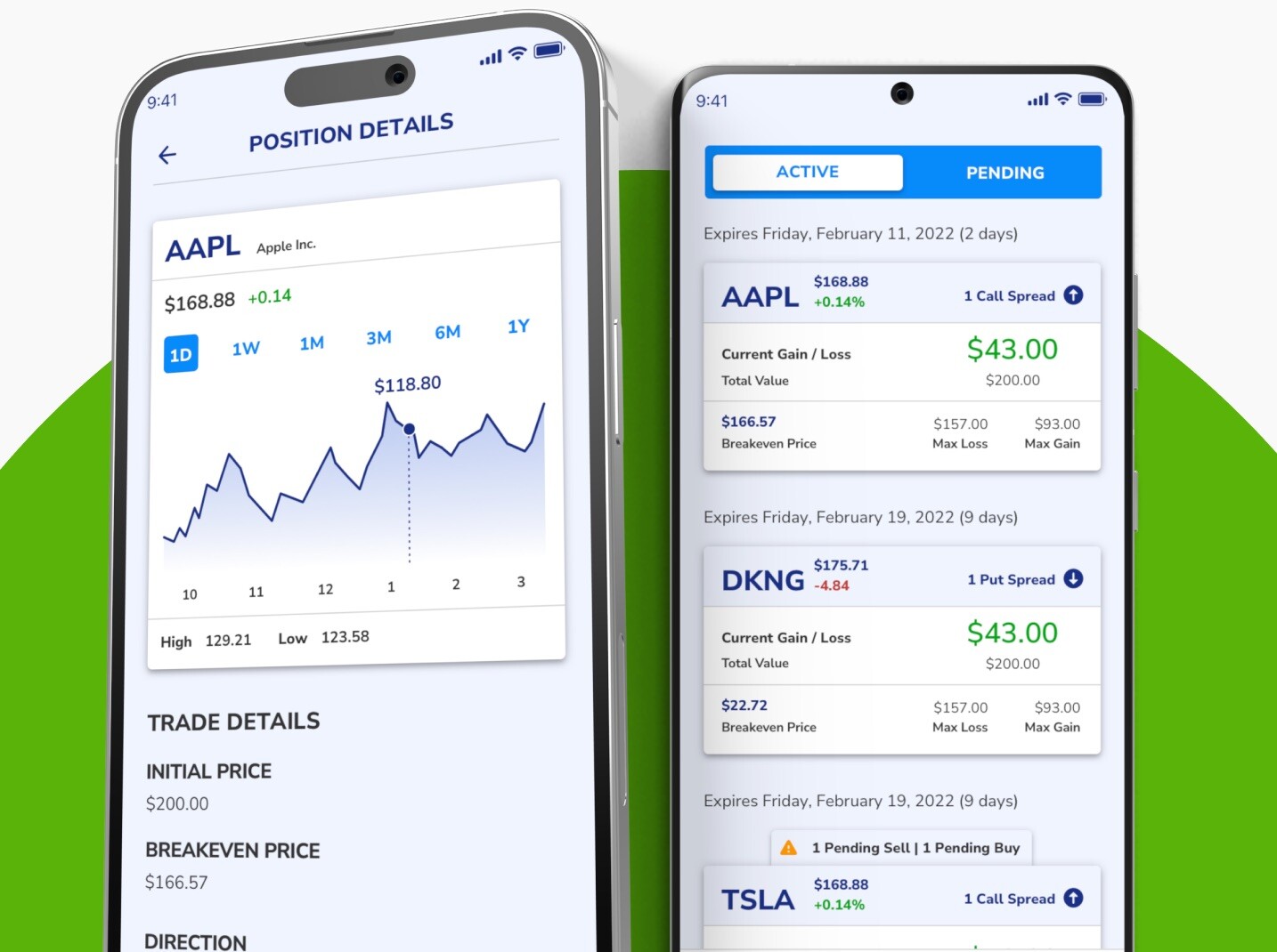 Optionality mobile app showcasing active trades side-by-side
