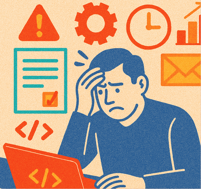 An illustration of a stressed engineer feeling maxed out and burnt out from work. He holds his head in his hand at his laptop, surrounded by icons symbolizing the constant pressure of competing priorities, technical debt, and unrealistic deadlines.