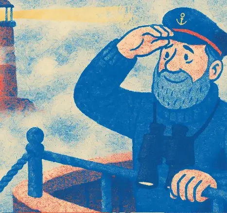Illustrated sailor viewing over a pier in a foggy environment.