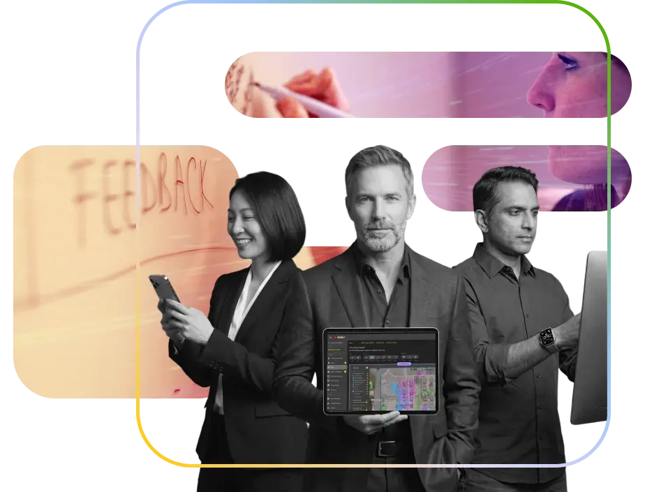 A professional hero image featuring a collaborative team using mobile, tablet, and desktop technology. The central figure displays a digital interface on a tablet, emphasizing data-driven solutions and modern workplace connectivity.