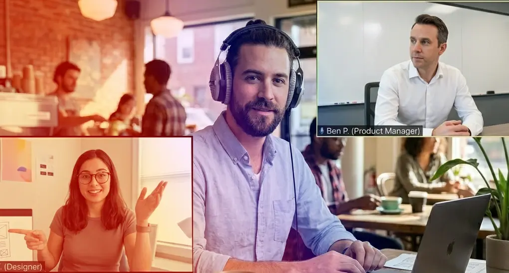 A smiling software engineer wearing large over-ear headphones analyzes product release data on a laptop during an agile development sprint.