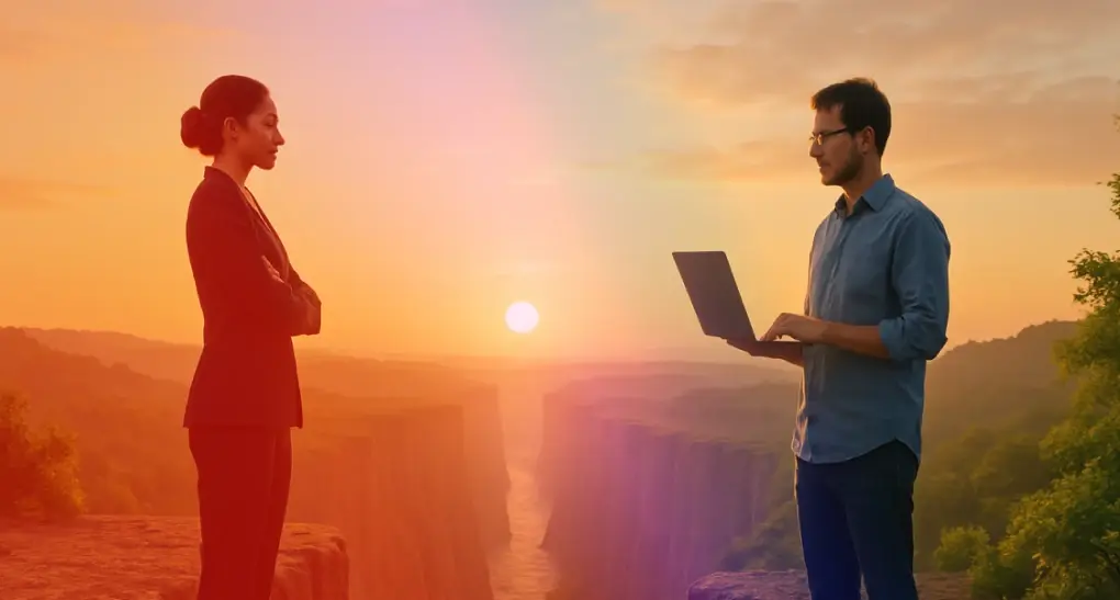 A female business executive in a suit stands across a canyon canyon gap from a male software engineer with a laptop at sunset, symbolizing strategic communication and cross-functional alignment.