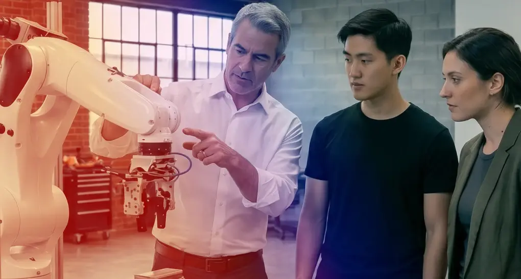 Three technology consultants analyze an advanced industrial robotic arm using a digital tablet during a cross-industry software integration session.