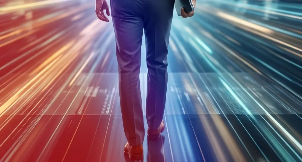 Rear view of a business executive in a dark suit walking down a high-speed, motion-blurred corridor of digital data matrices and light streams.