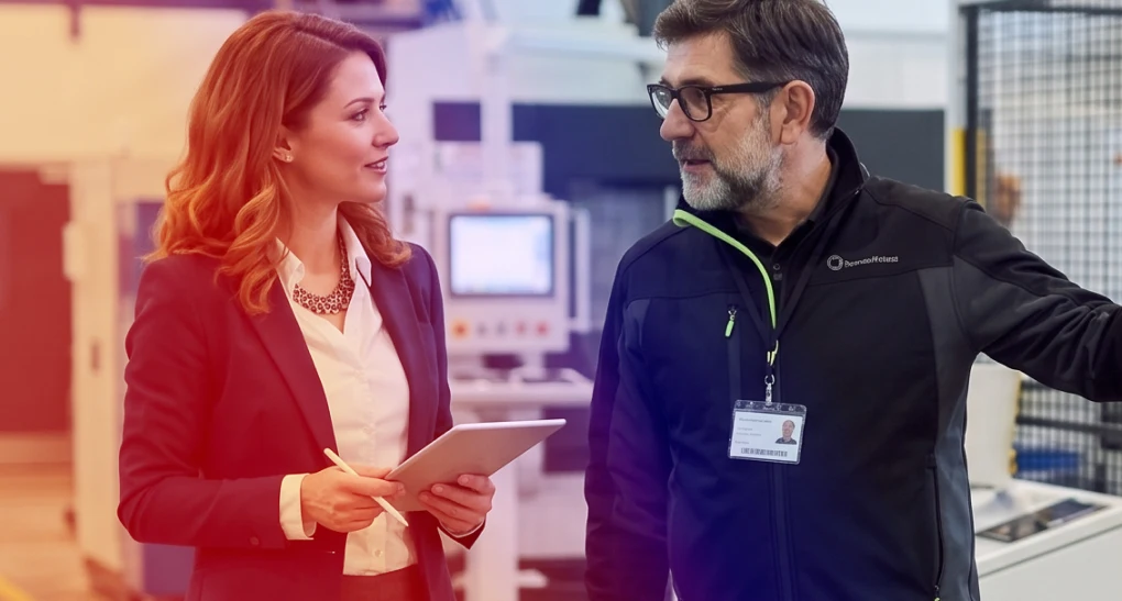 A senior technology consultant in a blazer holding a clipboard smiles while speaking with an operations facility specialist during an on-site technical assessment.