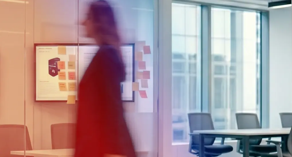 A motion-blurred silhouette of a business professional walking past high-rise corporate office buildings, symbolizing market speed and enterprise roadmap acceleration.