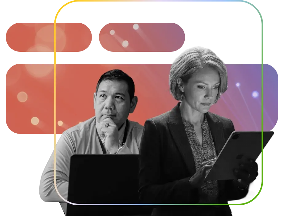 A female technology executive using a digital tablet alongside a thinking male engineering leader, illustrating strategic risk evaluation, executive knowledge sharing, and peer-to-peer insights for enterprise custom software development.