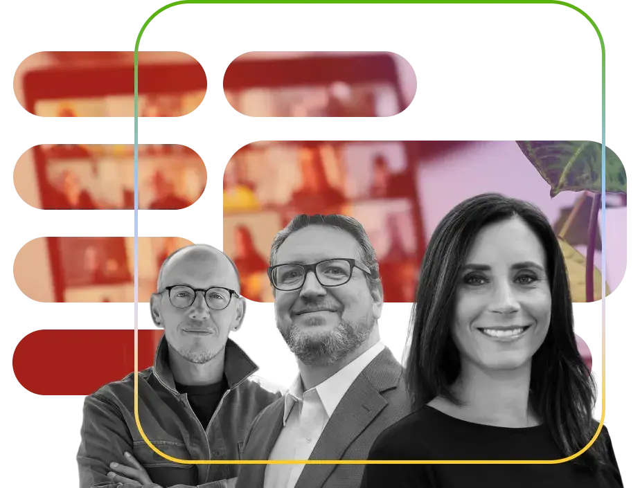 Three Truefit senior software product leaders—two men and one woman—smiling confidently, framed by a modern green-to-yellow gradient border. They represent the senior-led teams that accelerate digital transformation for enterprises.